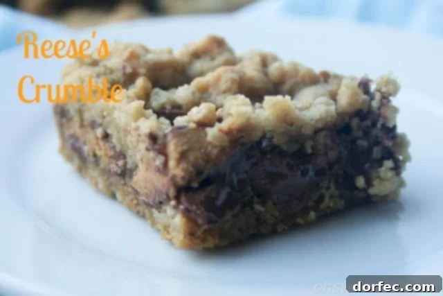 Close-up of golden brown Reese's Crumble Bars, showcasing the peanut butter cups and chocolate chips nestled within the buttery oats.