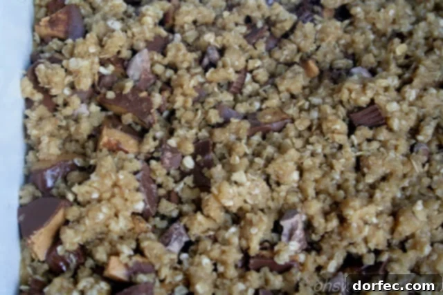 Sliced Reese's Crumble Bars on a plate, showing the layers of crumble, chocolate, and peanut butter cups.