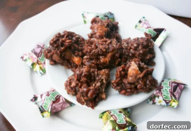Close-up of Milky Way Krispies, showing the chopped candy bars mixed with the Nutella-coated rice cereal.