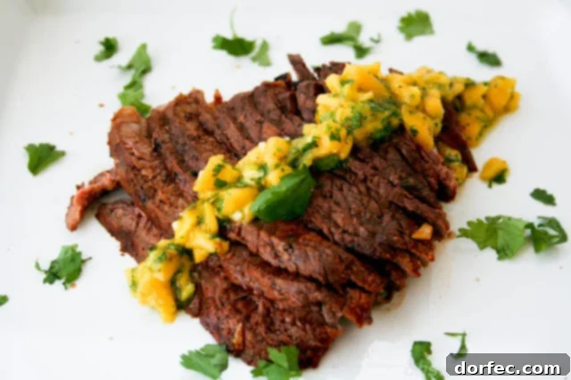 Grilled Flank Steak with Mango Chimichurri and fresh ingredients