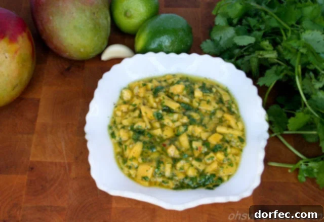Close-up of vibrant Mango Chimichurri sauce