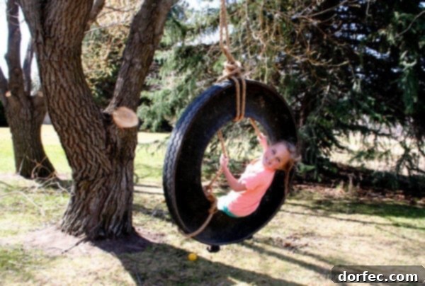 Children enjoying a tire swing in a spacious backyard, symbolizing simple joys and family time