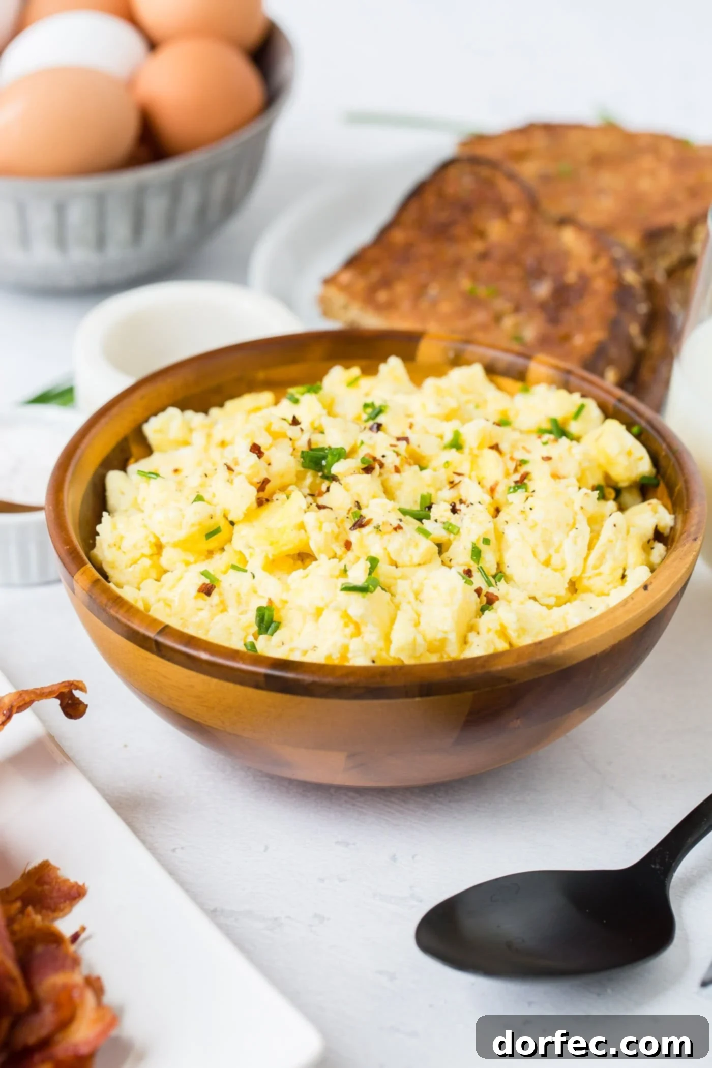 The Best Fluffy Scrambled Eggs A wooden bowl of perfectly cooked, fluffy scrambled eggs, garnished with fresh green onion slices. Two pieces of golden-brown toast and a bowl of raw brown eggs are visible in the soft background.