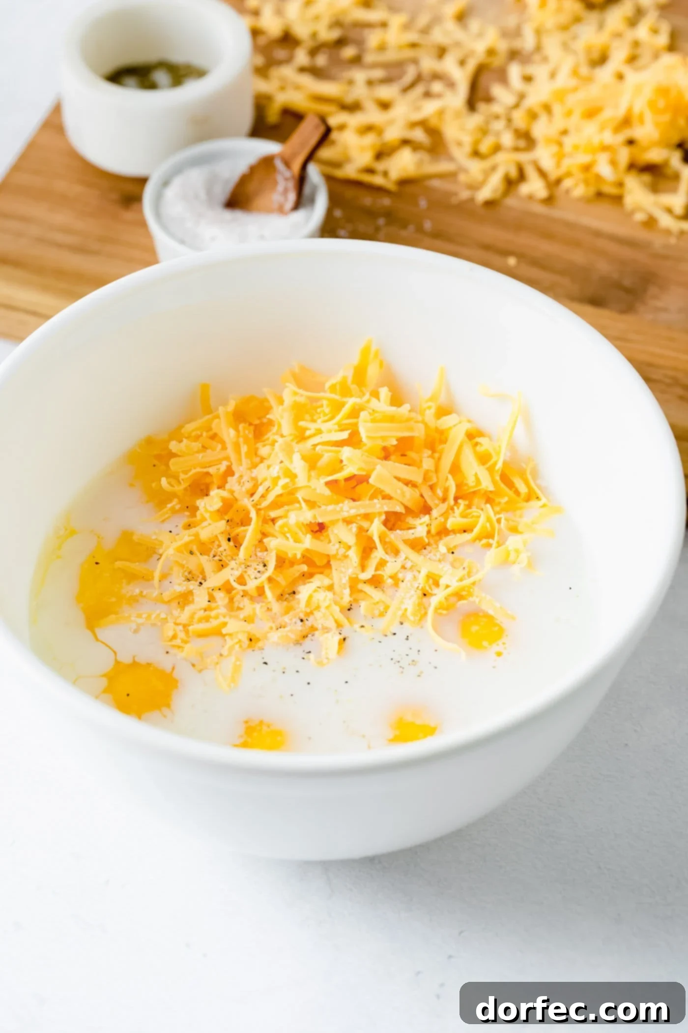 Scrambled Egg Ingredients Ready to Cook A bowl of raw eggs combined with milk and shredded cheese, awaiting its transformation into a delicious breakfast. Salt and more shredded cheese are visible in the background.