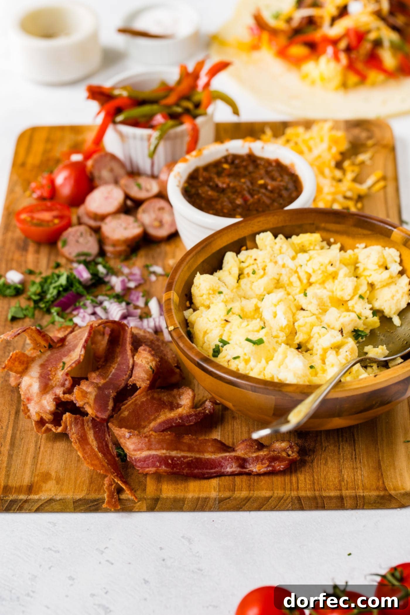 A wooden cutting board holding ingredients for apple chicken sausage burritos. There are sliced sausages, bacon, cheese, peppers, salsa, and a bowl of scrambled eggs with a spoon.