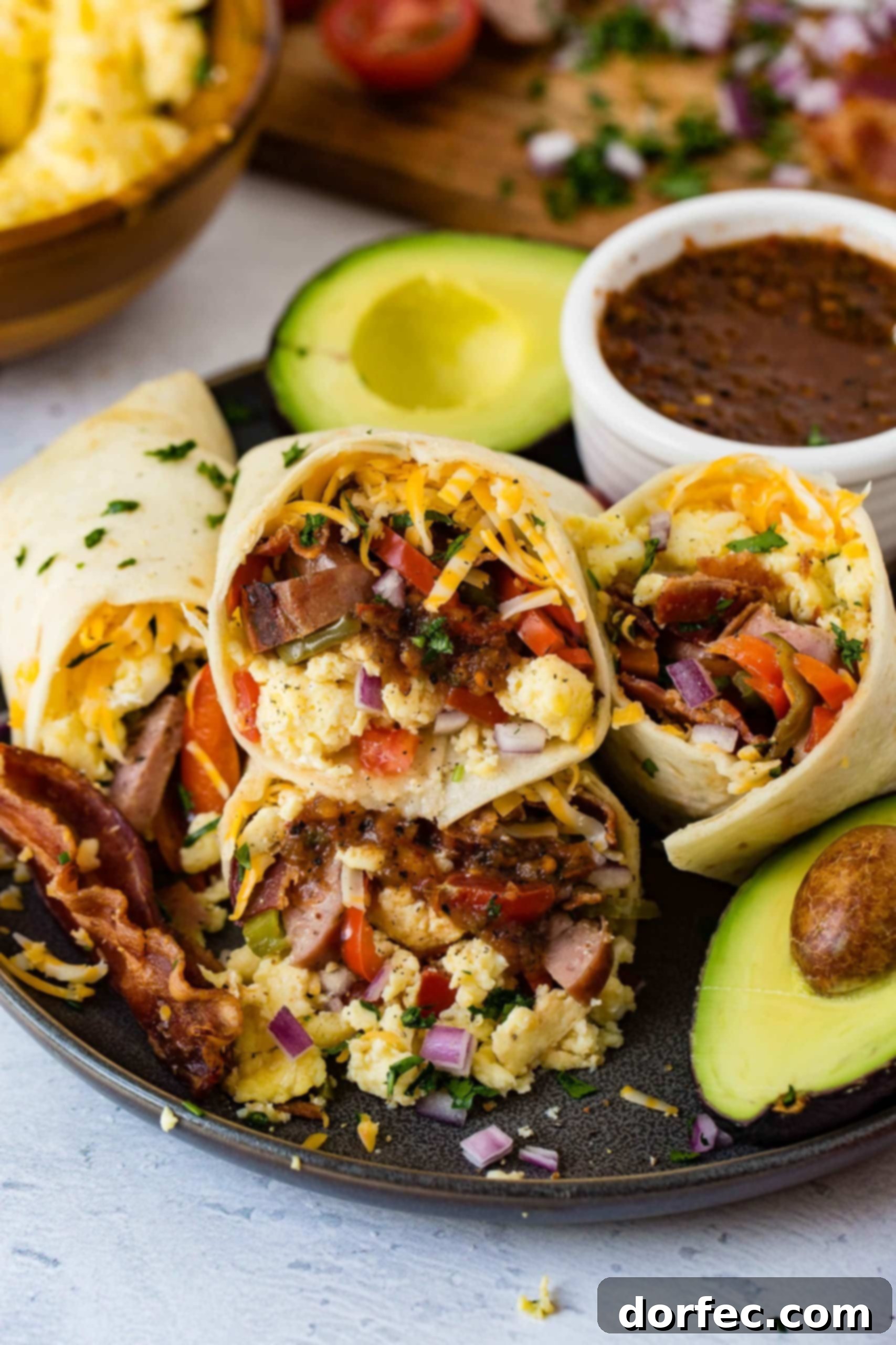 A plate of breakfast burritos. The burritos are stuffed with scrambled eggs, bacon, sausage, and peppers. There is a bowl of salsa on the side, and an avocado that is cut in half.
