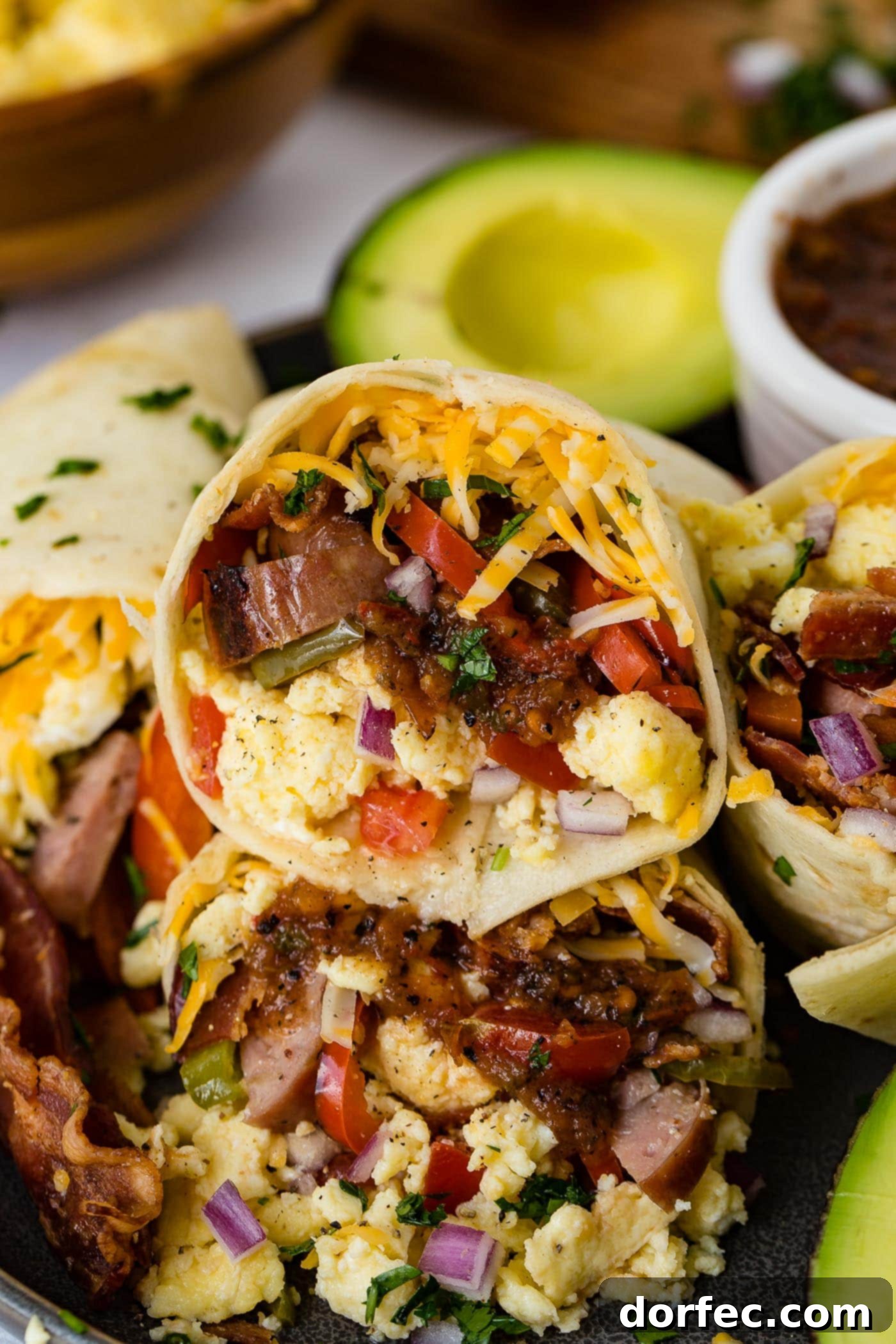 Apple chicken sausage burritos. The are stuffed with sausage, bacon, scrambled eggs, cheese, and peppers. There is a bowl of salsa and an avocado that is cut in half in the background.