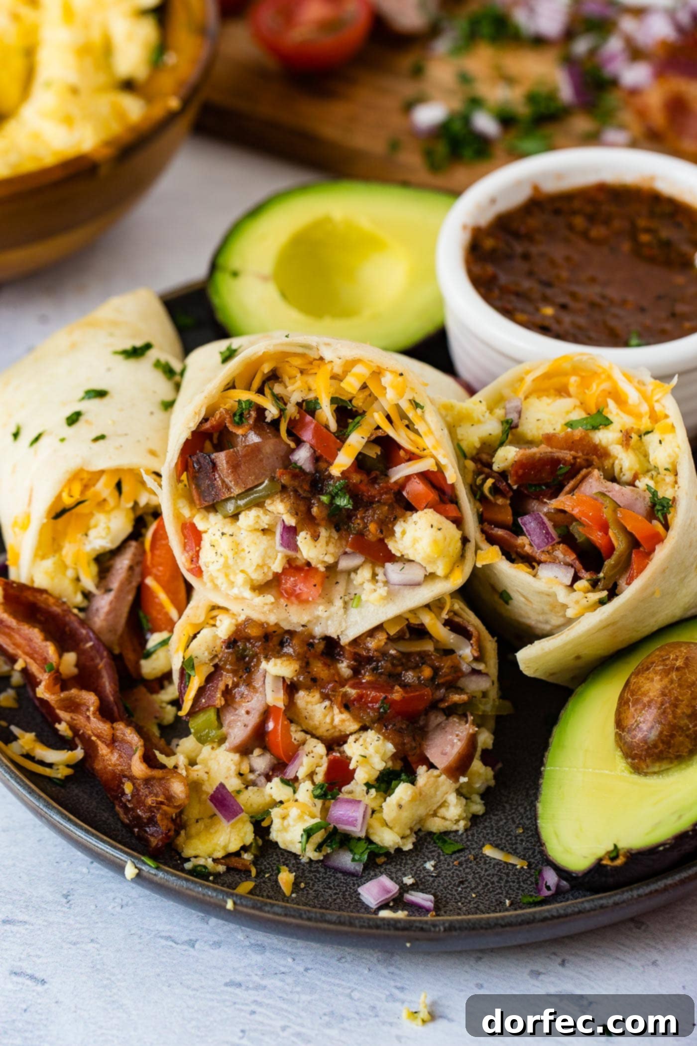 A plate with two apple chicken sausage burritos. The burrito has sausage, eggs, cheese. There is a bowl of salsa and an avocado that is cut in half next to the burritos.