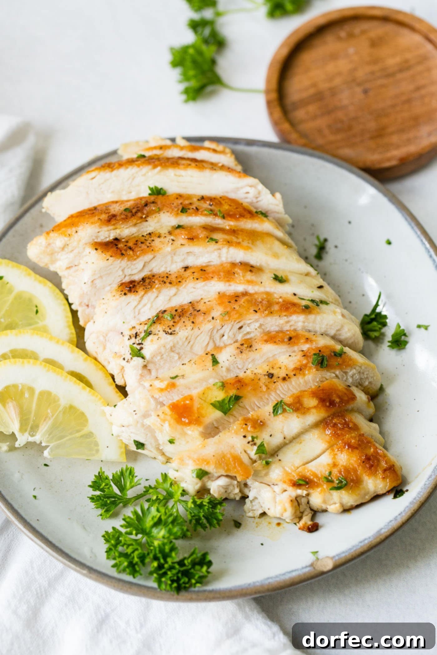 Pan-Seared Chicken Perfection 3 A white plate with a perfectly cooked chicken breast that has been sliced. There are slices of lemon and a little fresh parsley next to the chicken.