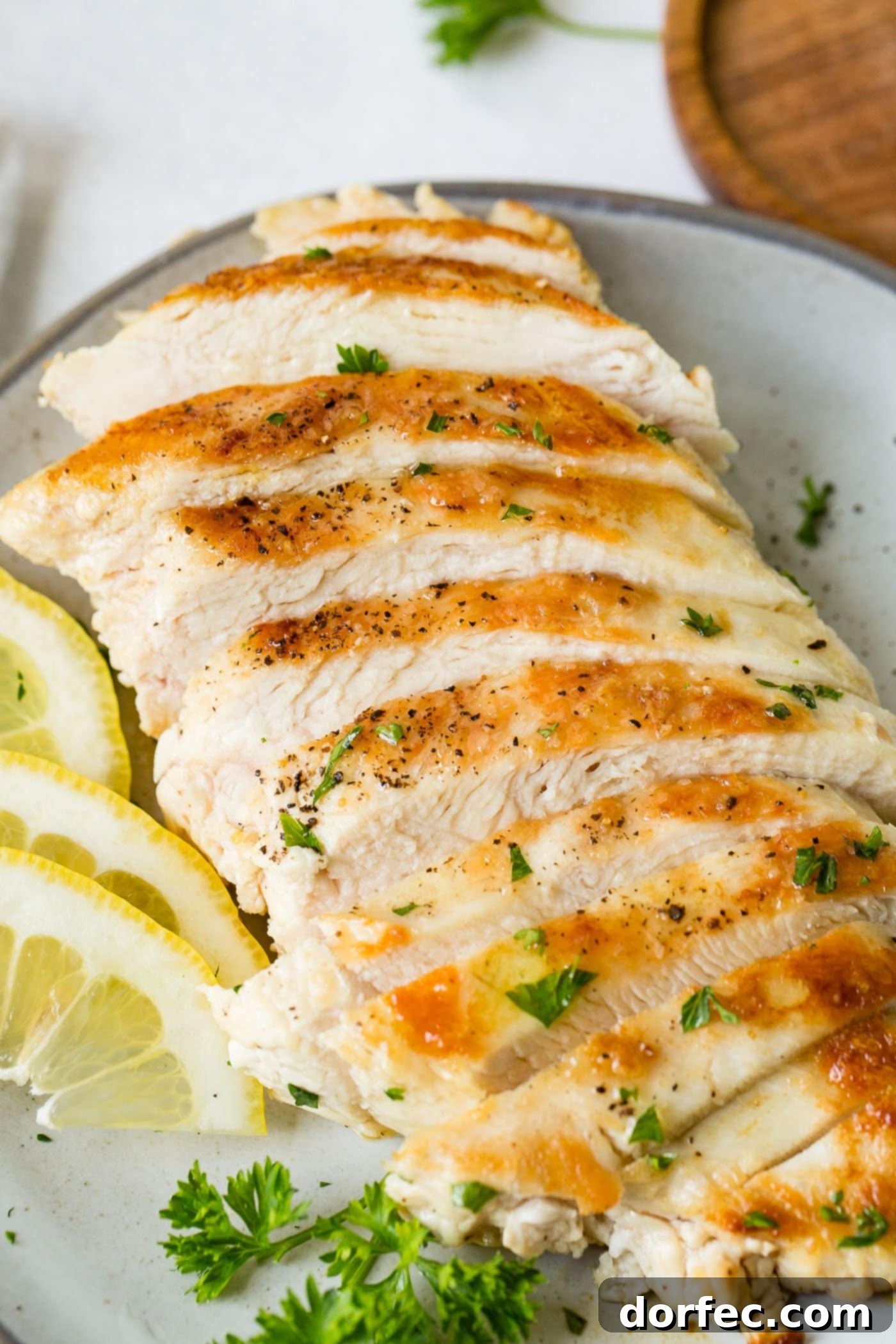 Pan-Seared Chicken Perfection 7 A perfectly cooked chicken breast that has been sliced. There are slices of lemon next to the chicken and a few fresh parsley leaves are scattered on to of the chicken.