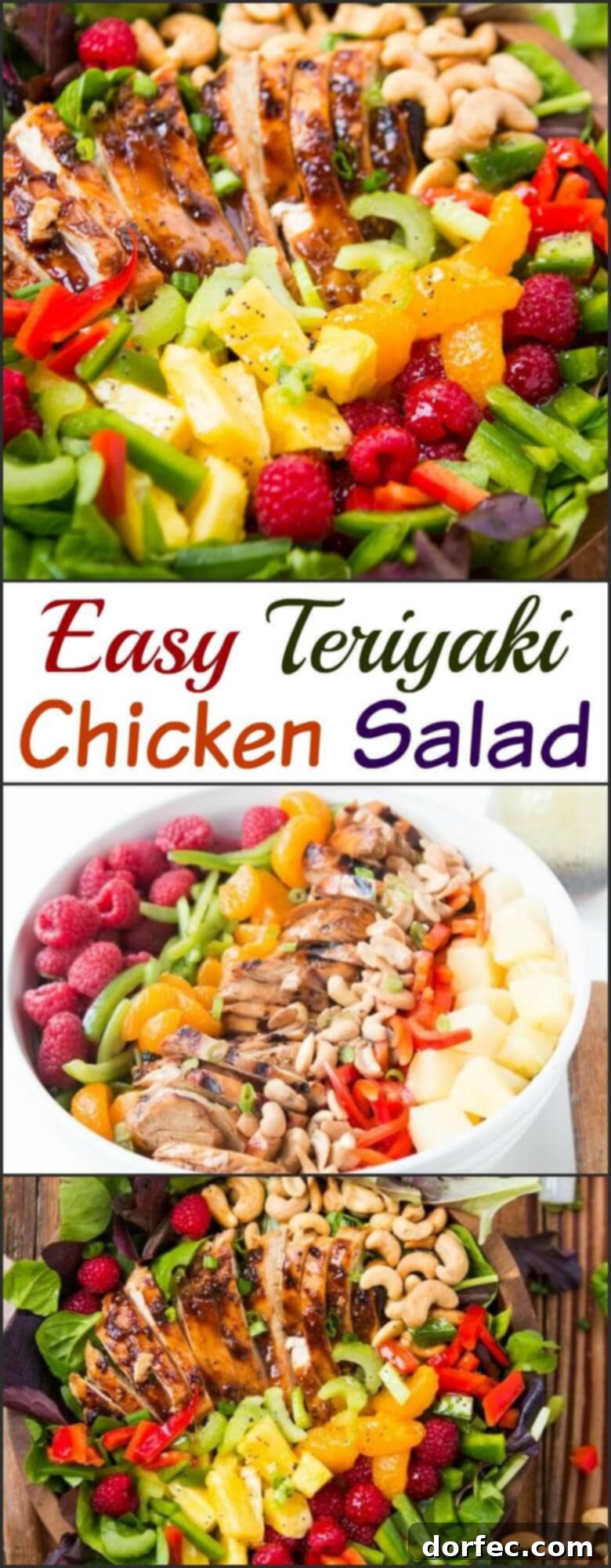 A full spread of the easy teriyaki chicken salad, featuring generous portions of juicy teriyaki chicken, crisp vegetables, sweet fruits, and crunchy cashews, served with a delicious poppy seed dressing.