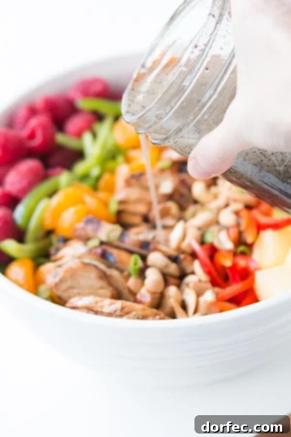 Close-up of the easy teriyaki chicken salad, highlighting the fresh, crisp components and the savory, glazed chicken pieces, promising a delightful texture and taste.