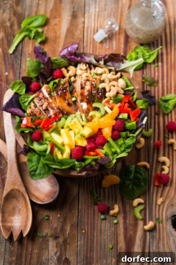 Overhead view of the fully prepared easy teriyaki chicken salad, ready to be served, showcasing its vibrant array of ingredients and inviting colors.