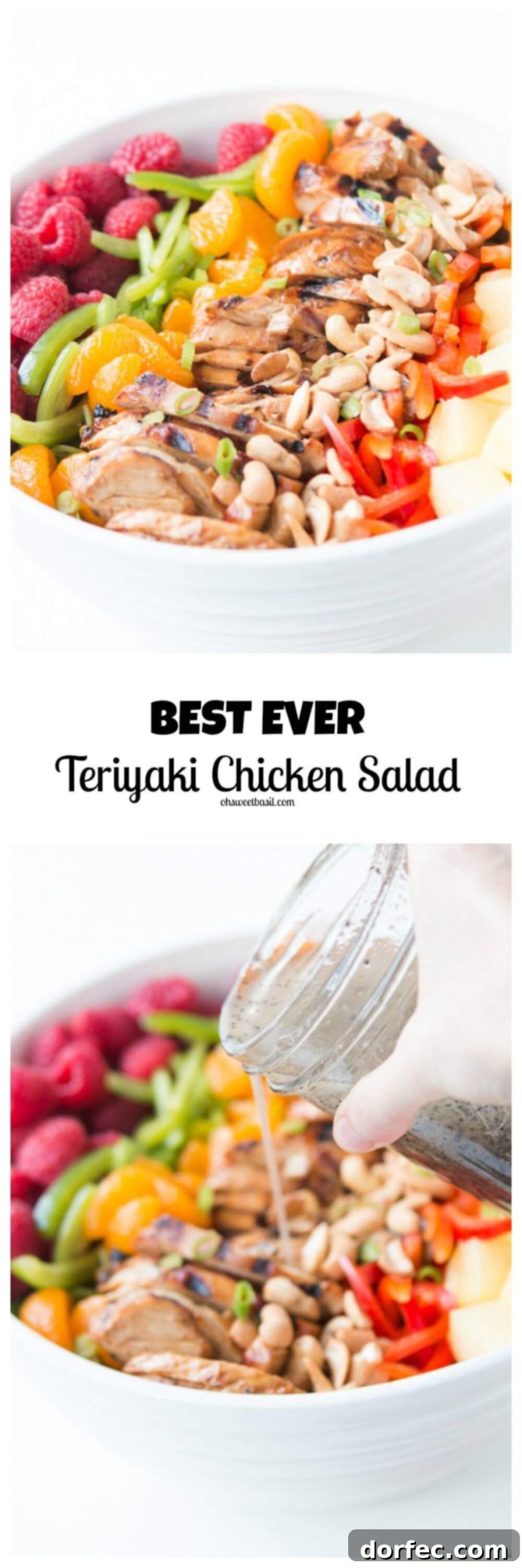 We are completely obsessed with this teriyaki chicken salad loaded with greens, layers of fruit and veggies and that chicken plus a yummy poppy seed dressing! ohsweetbasil.com