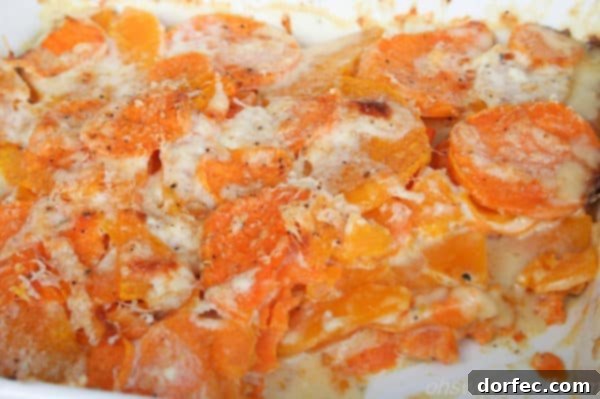 Golden Sweet Potato and Butternut Bake 3 Close-up of baked Sweet Potato and Butternut Squash Gratin, showing crispy top