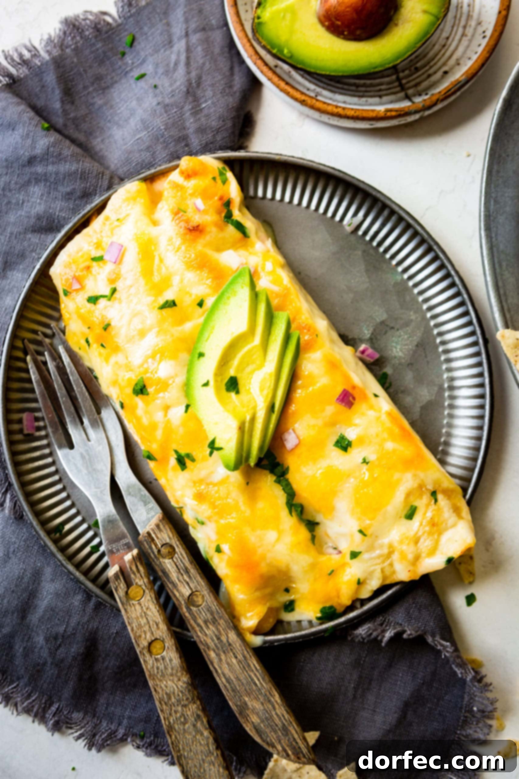 A photo of two Honey Lime Chicken Enchiladas on a plate, topped with melted cheese and fresh avocado slices, ready to be served.