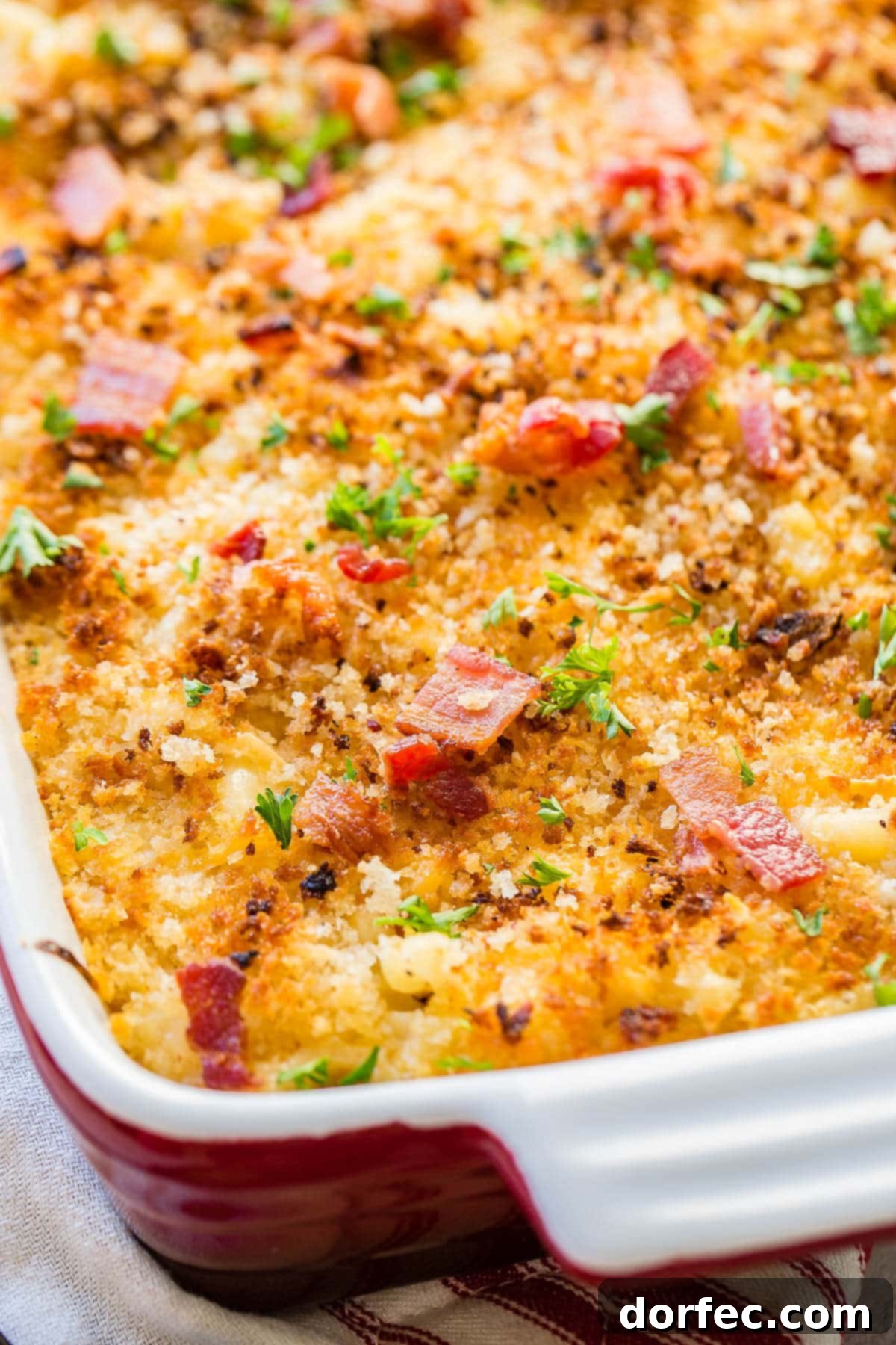 Loaded Chicken Bacon Ranch Macaroni and Cheese 9 Chicken mac and cheese casserole generously topped with crispy bacon, ready to be served