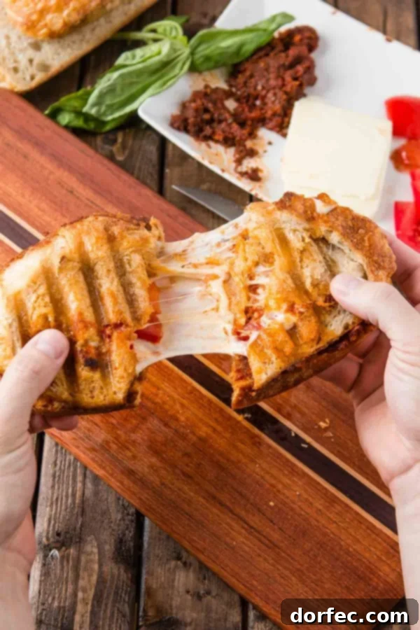 Vibrant Sun-Dried Tomato Pesto Panini Layers A close-up of the Sun-Dried Tomato Pesto Panini filling, showing pesto, mozzarella, and tomatoes