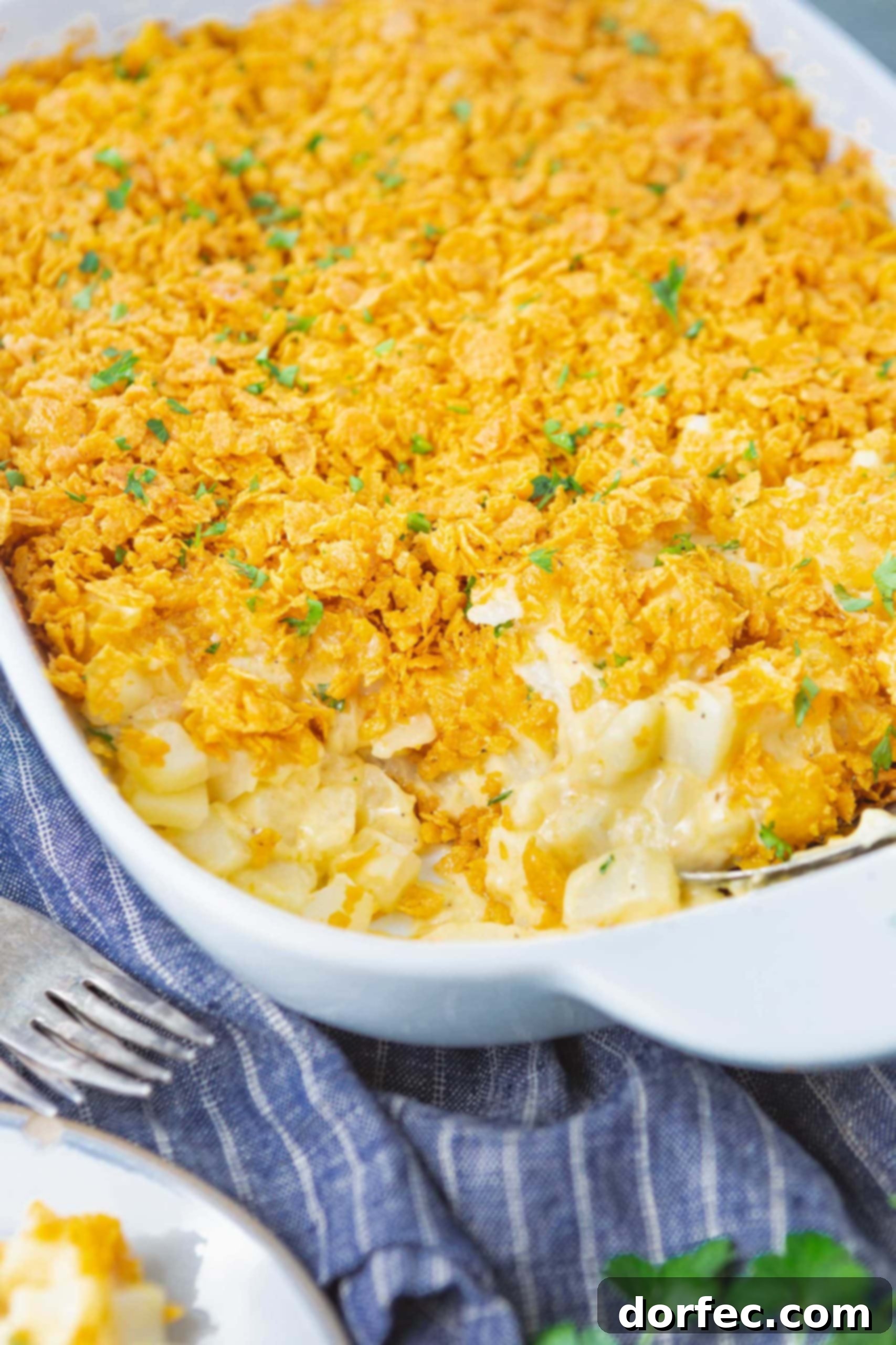 A casserole dish with a corner serving removed, revealing the delicious layers of cheesy potatoes and crunchy topping.