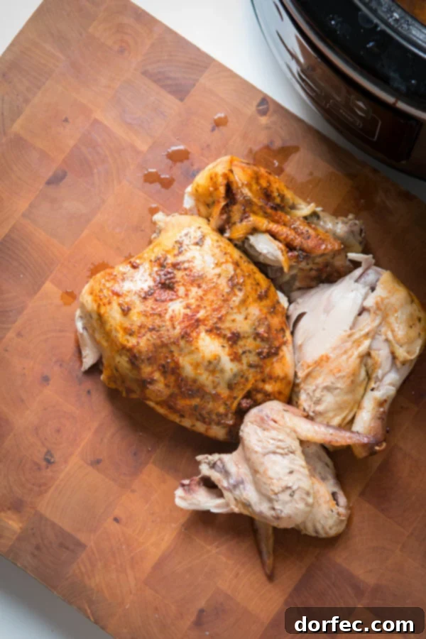 This is the easiest way to enjoy a juicy, rotisserie-like chicken by only using a crockpot. Slow cooker whole chicken that anyone can make! Hands gently pulling apart tender, fall-off-the-bone meat from a slow cooker whole chicken.