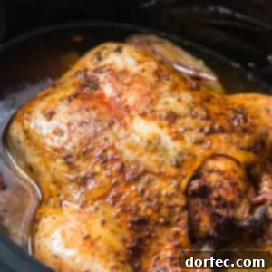 An overhead shot of a golden-brown slow cooker whole chicken, cooked to perfection.