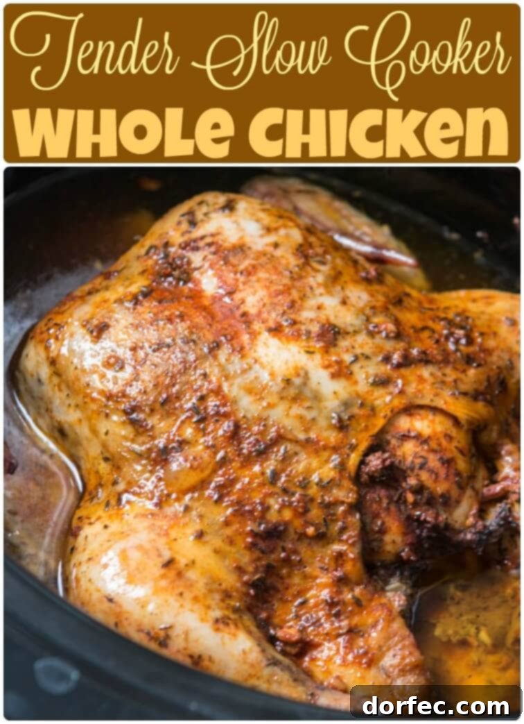 Pinterest - Slow Cooker Whole Chicken Pinterest image showcasing a mouth-watering slow cooker whole chicken recipe, perfect for easy weeknight dinners.