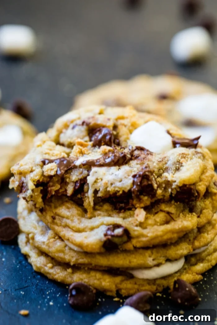 A tantalizing stack of S'mores Chocolate Chip Cookies, golden brown and speckled with melted chocolate and toasted marshmallows, on a rustic black background.