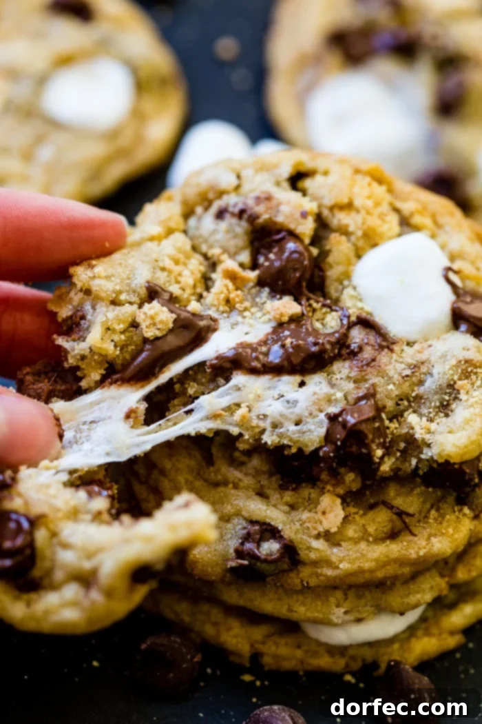 A close-up of a S'mores Chocolate Chip Cookie being broken in half, revealing the warm, stretching marshmallow and molten chocolate within, set against a dark, inviting backdrop.