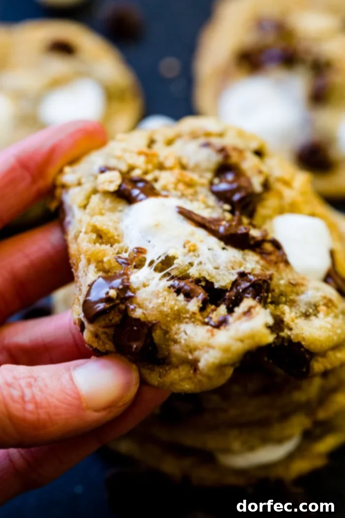 A stack of golden brown S'mores Chocolate Chip Cookies, with melted marshmallows stretching enticingly as one cookie is pulled apart. The background is a sleek black, making the cookies pop.