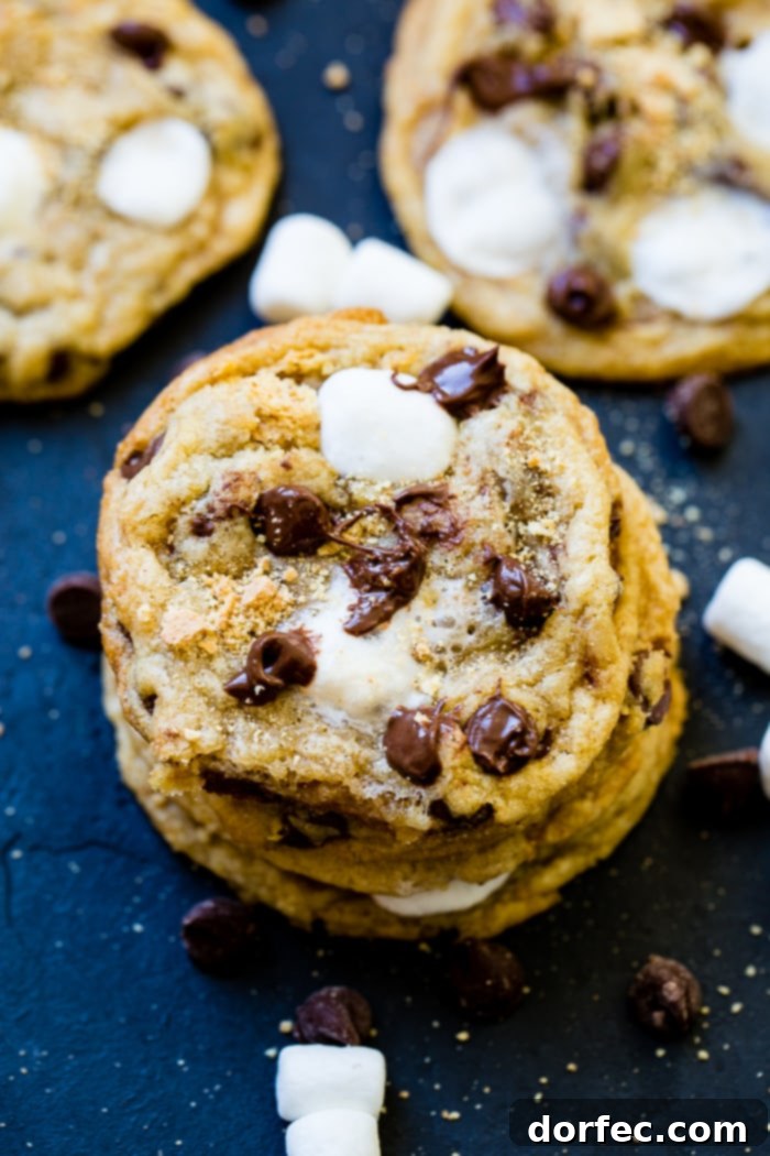 A close-up shot of S'mores Chocolate Chip Cookies, with a marshmallow stretch, emphasizing their gooey texture and golden-brown perfection, on a black background.