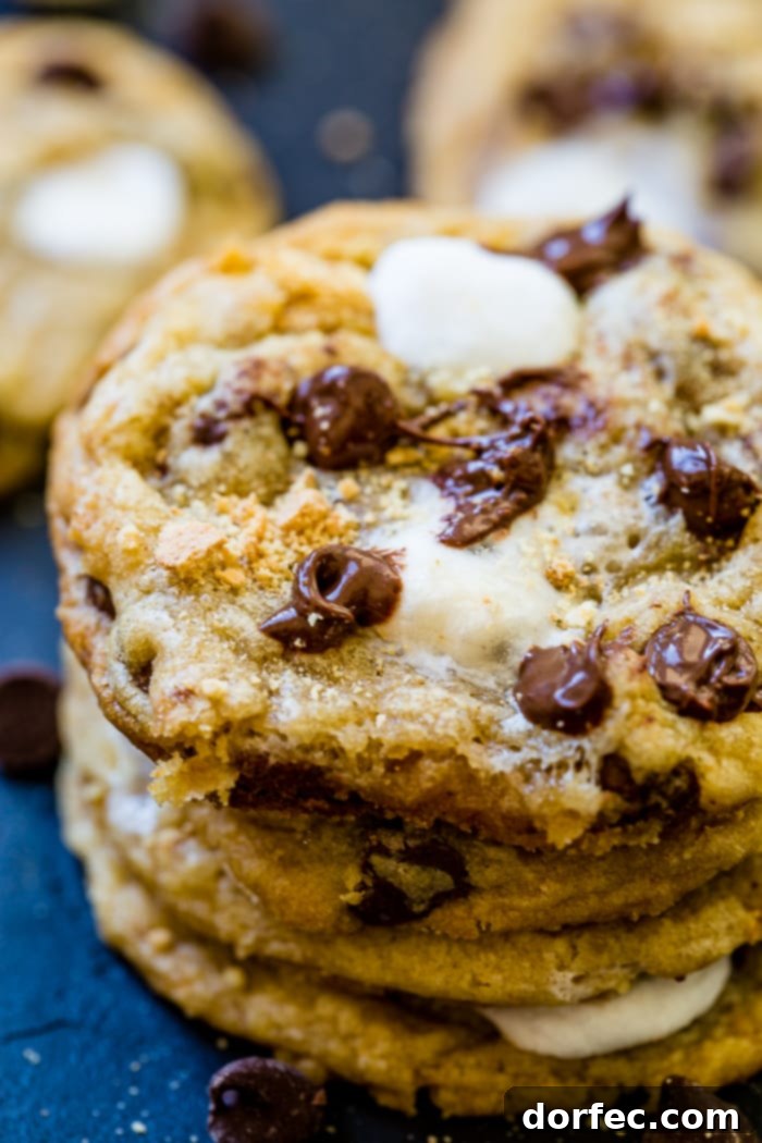 A stack of perfectly baked chocolate chip s'mores cookies, gooey and golden, against a dark backdrop, ready to be enjoyed.