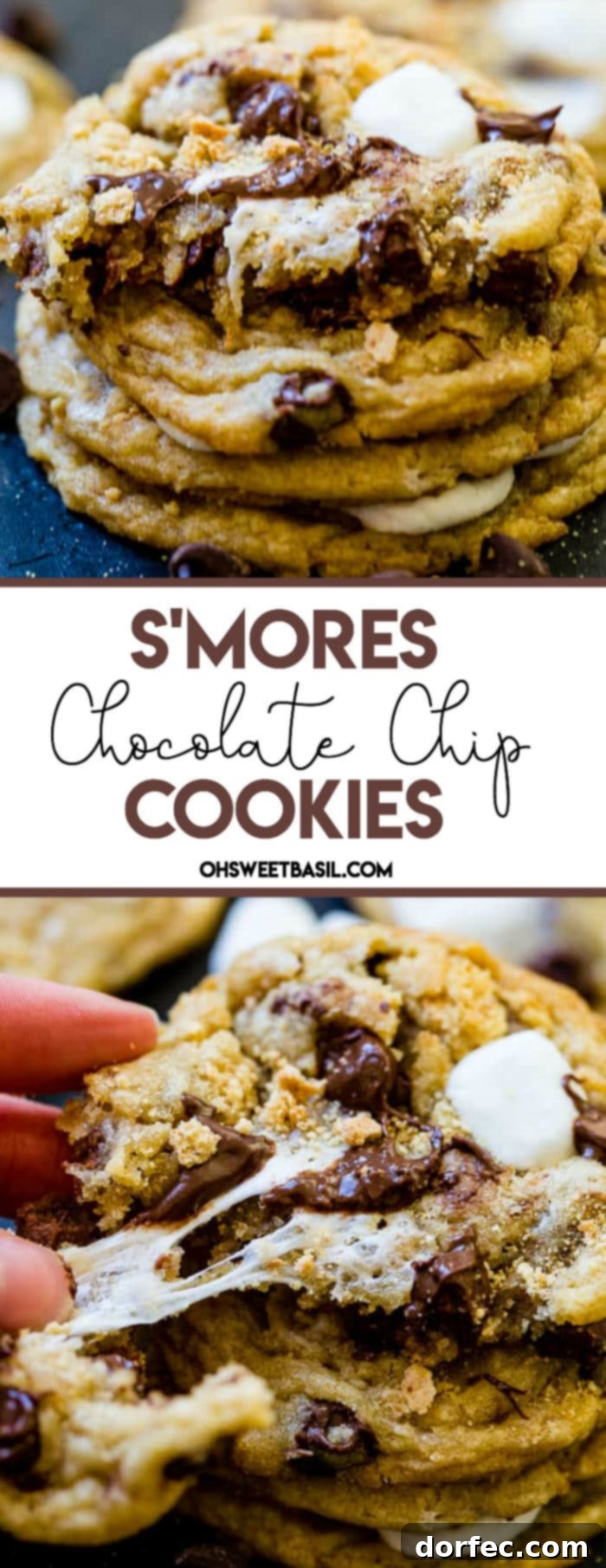 A black background with a beautiful stack of s'mores chocolate chip cookies, showcasing their perfect bake and tempting gooey centers.