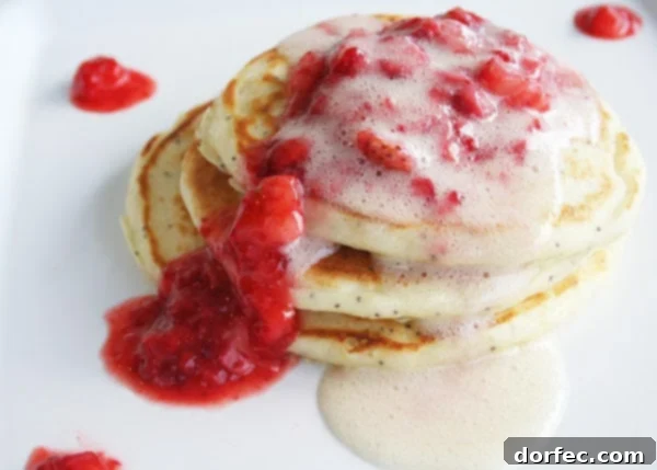 Deliciously fluffy Meyer Lemon Poppy Seed Pancakes stacked high