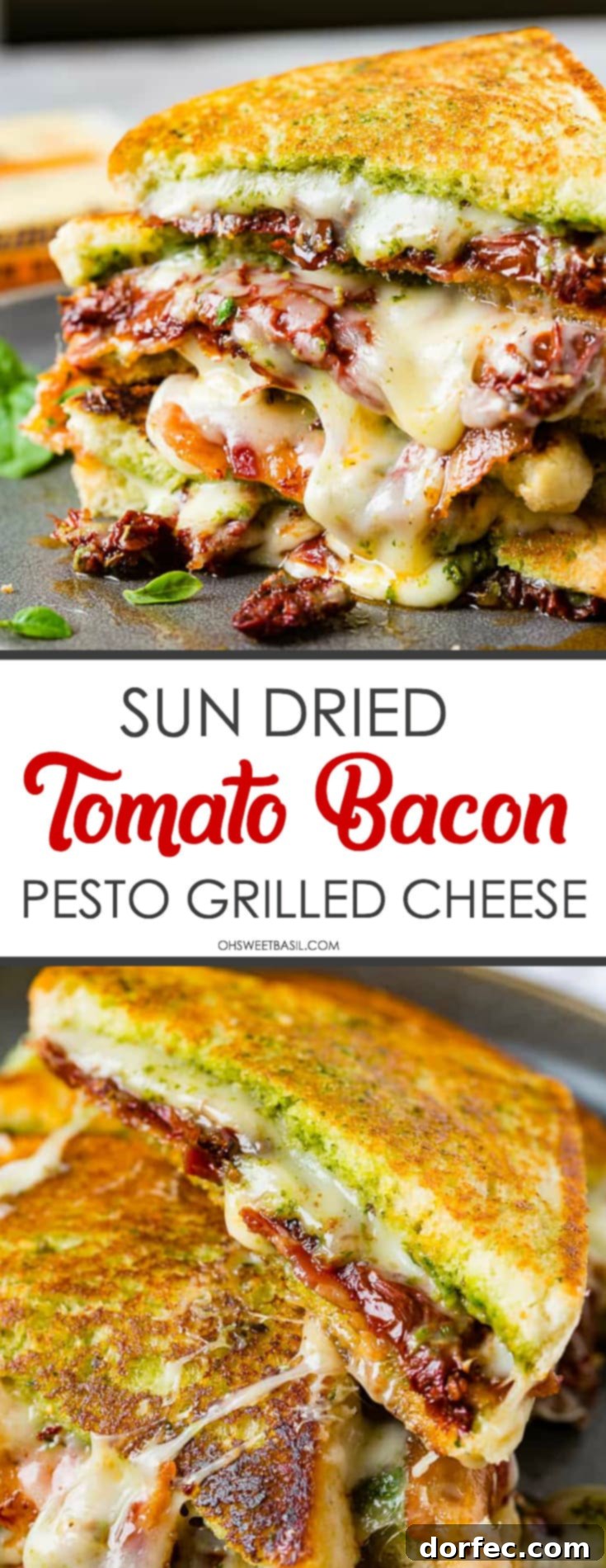 Another enticing view of two stacked sun dried tomato bacon pesto grilled cheese sandwiches with basil