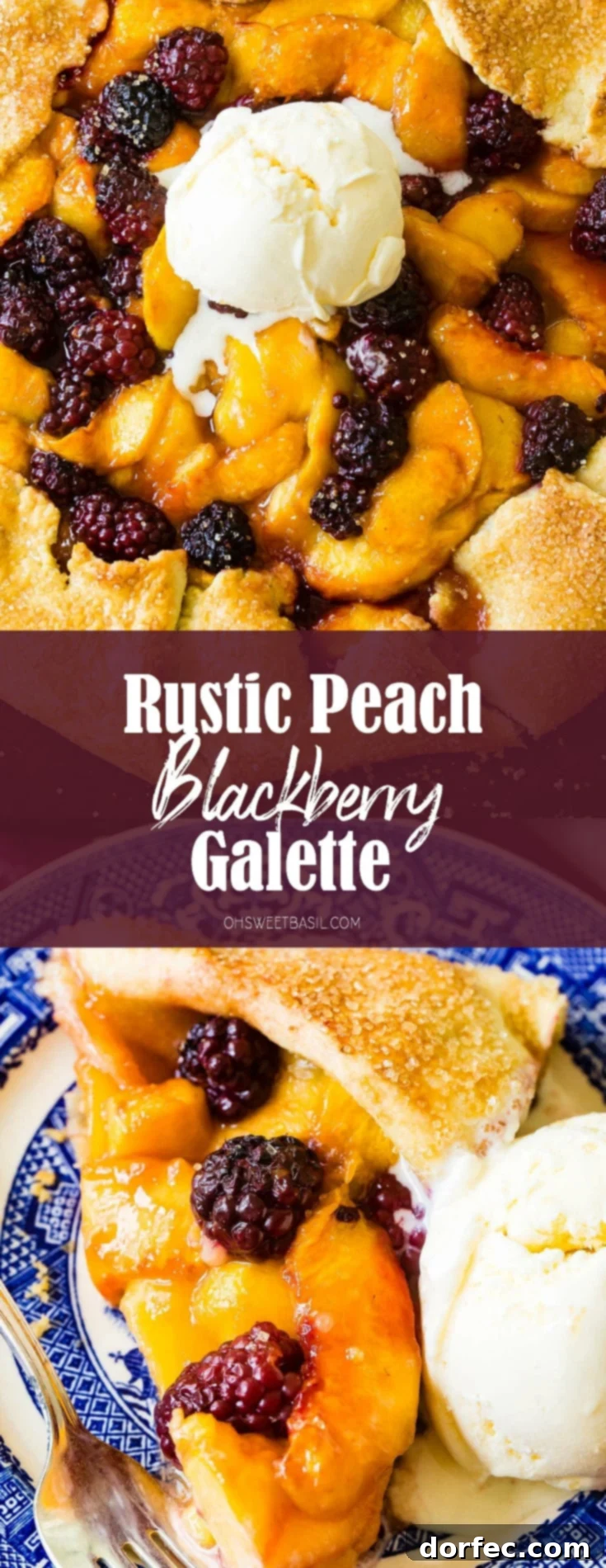 A stunning, overhead view of the freshly baked peach blackberry galette, golden brown and glistening with fruit juices, served whole on a baking sheet.