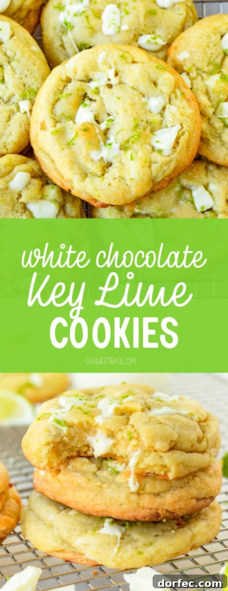 a photo of a stack of golden baked white chocolate key lime cookies