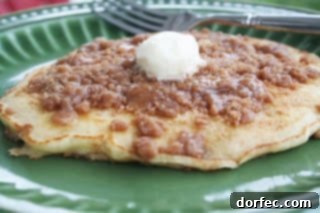 Close-up of fluffy Cinnamon Streusel Pancakes