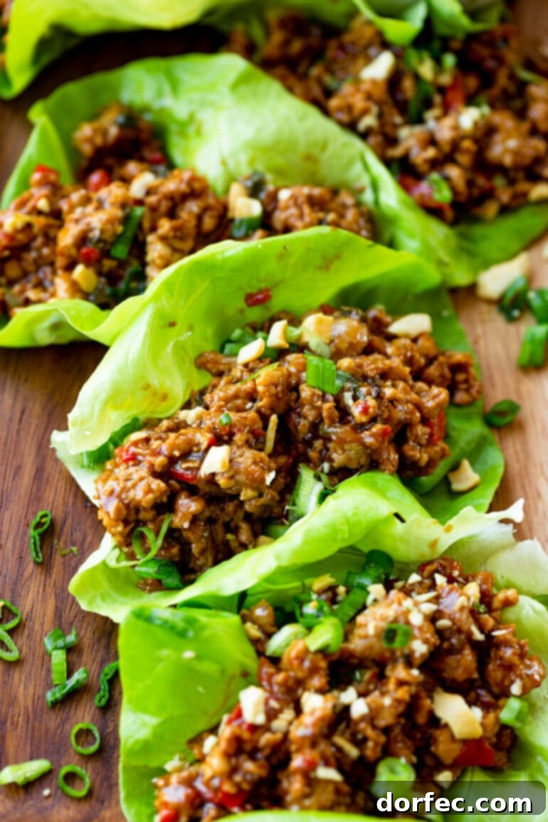 A close-up photo of a vibrant green lettuce leaf filled with juicy, saucy minced turkey and mixed vegetables, garnished with fresh green onions.