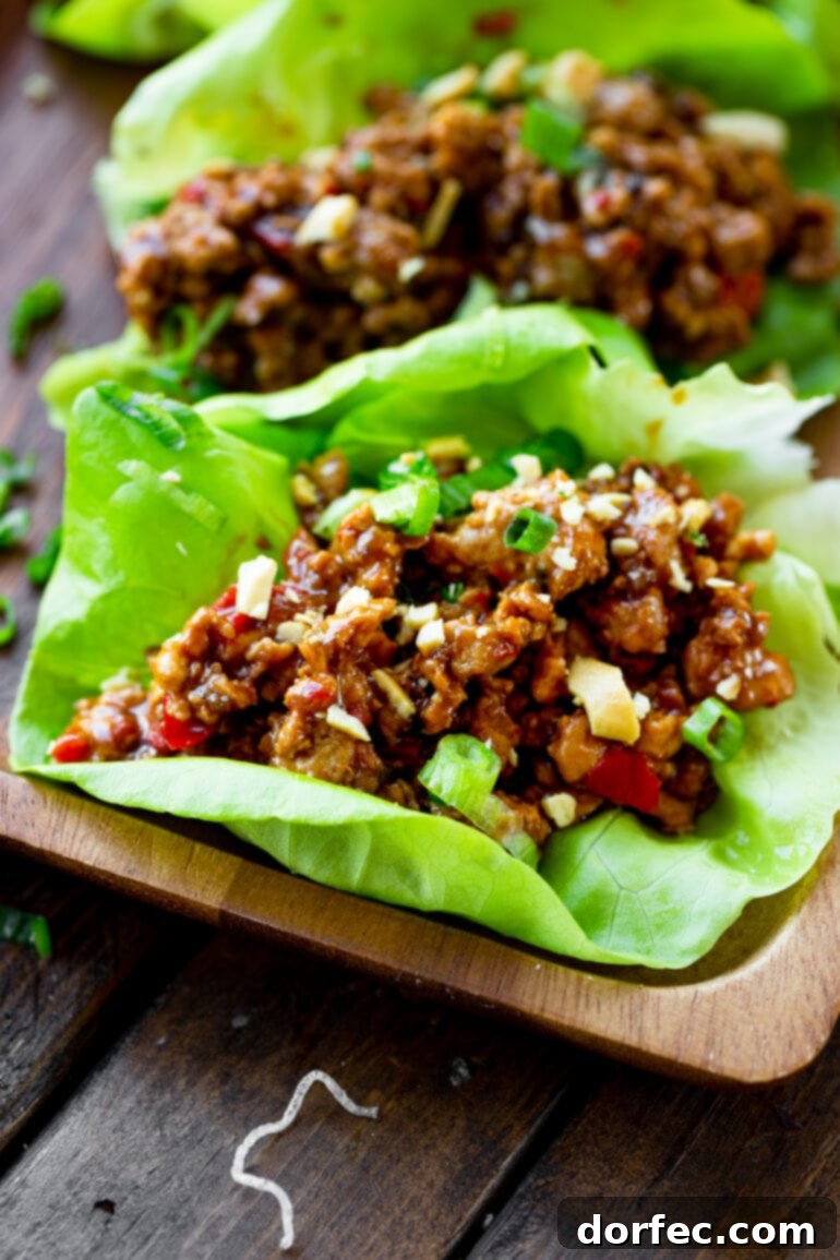 A vibrant green lettuce leaf cradling a generous portion of flavorful minced turkey and mixed vegetables, coated in a rich Thai peanut sauce.