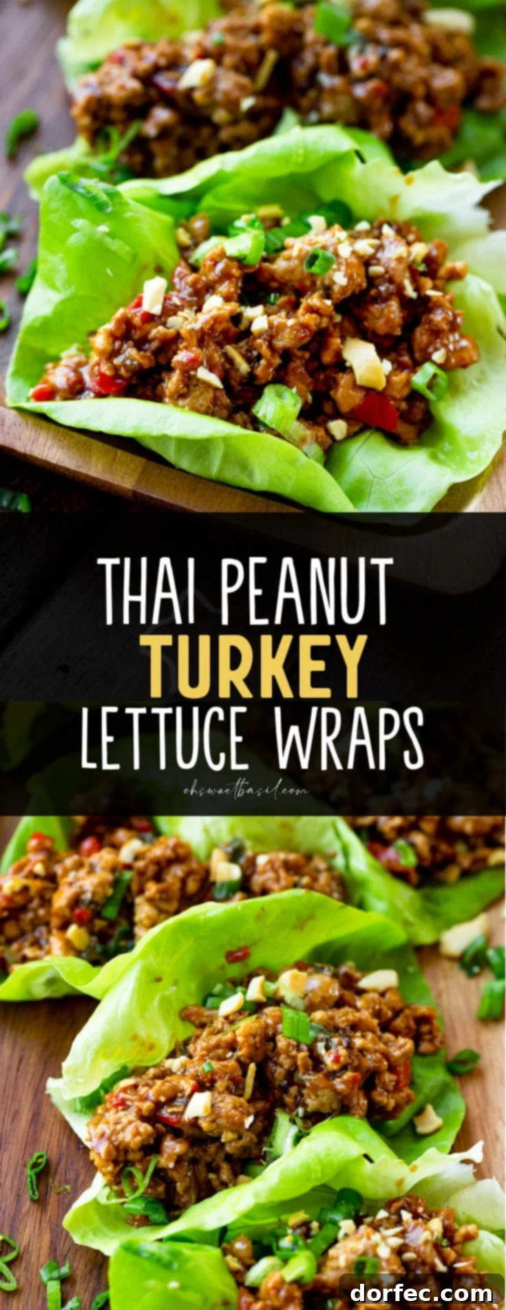 A beautifully arranged photo of several Thai peanut turkey lettuce wraps, ready to be served as a healthy and flavorful meal.