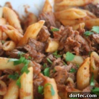 Rich and savory Penne with Braised Short Ribs, ready to be served.