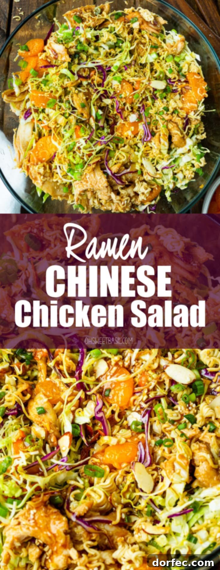 a photo of ramen chinese chicken salad including shredded cabbage, carrots, mandarin oranges, sliced almonds, and crunchy ramen noodles.