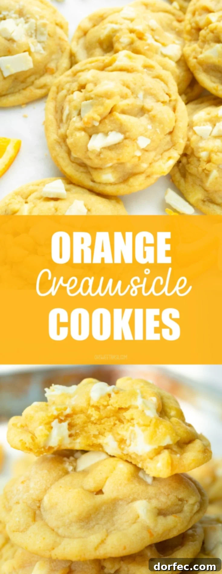 Orange Vanilla Dream Cookies 3 A photo of a golden baked orange creamsicle cookie loaded with white chocolate chunks and surrounded by other cookies.