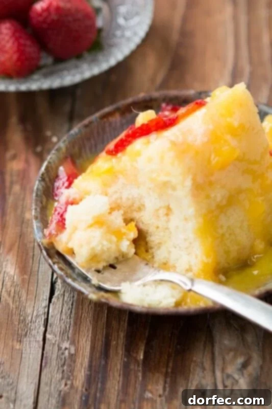 A top-down view of Angel Food Cake slices arranged with fresh strawberries and a vibrant mango sauce, emphasizing its artistic presentation.