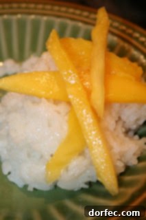 A bowl of delightful mango sweet rice, a classic Thai dessert that combines sticky rice with fresh mango.