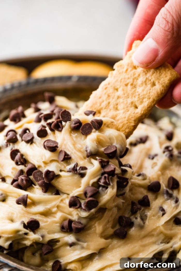 Edible Chocolate Chip Cookie Dough Dip 6 A metal bowl full of easy chocolate chip cookie dough dip, ready to be scooped and enjoyed.