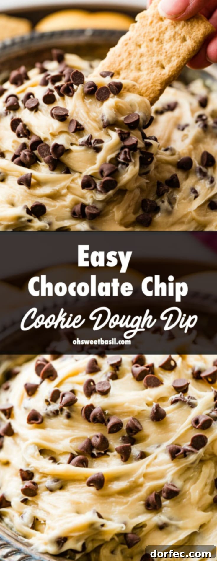 Edible Chocolate Chip Cookie Dough Dip 7 A metal bowl brimming with easy chocolate chip cookie dough dip, with a vanilla wafer scooping up a generous portion, ready for tasting.