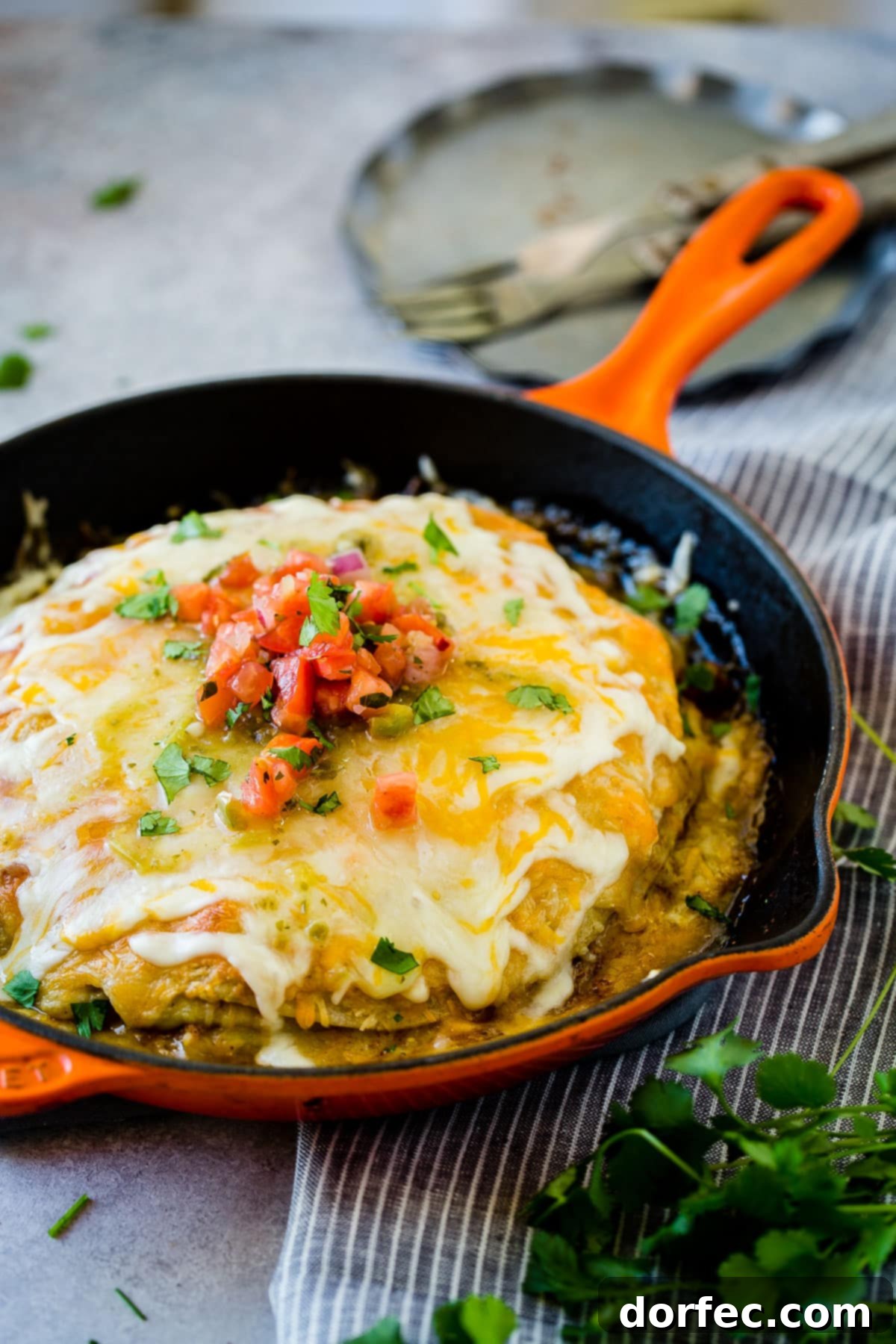 One Pan Honey Lime Chicken Enchilada Bake 5 Top-down view of One Skillet Honey Lime Chicken Enchiladas Casserole, ready to be served, showing the golden cheesy topping.