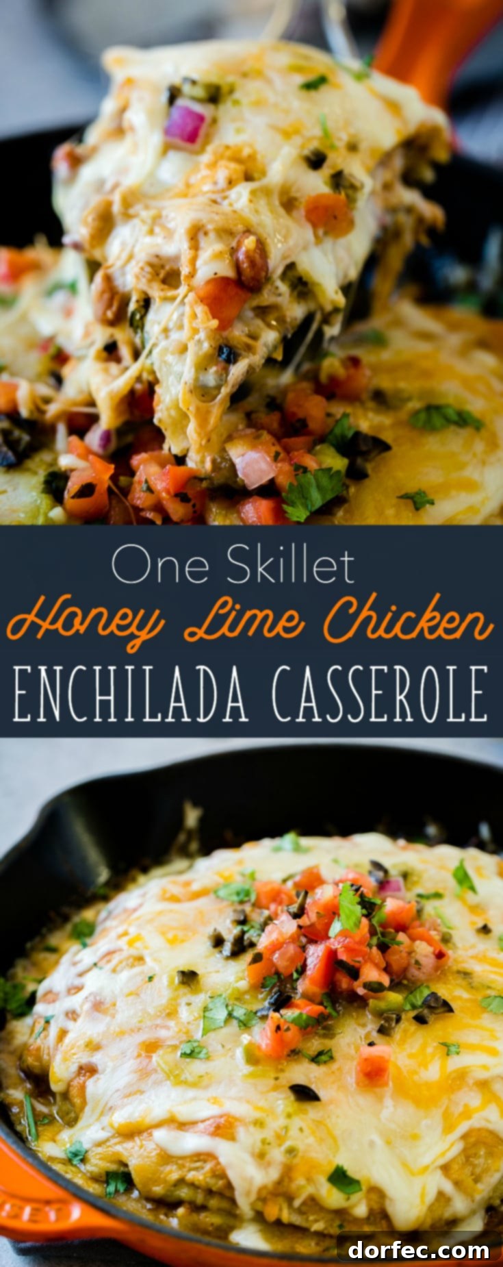 One Pan Honey Lime Chicken Enchilada Bake 6 Another mouth-watering view of the One Skillet Enchilada Casserole, showcasing its golden-brown cheesy topping.