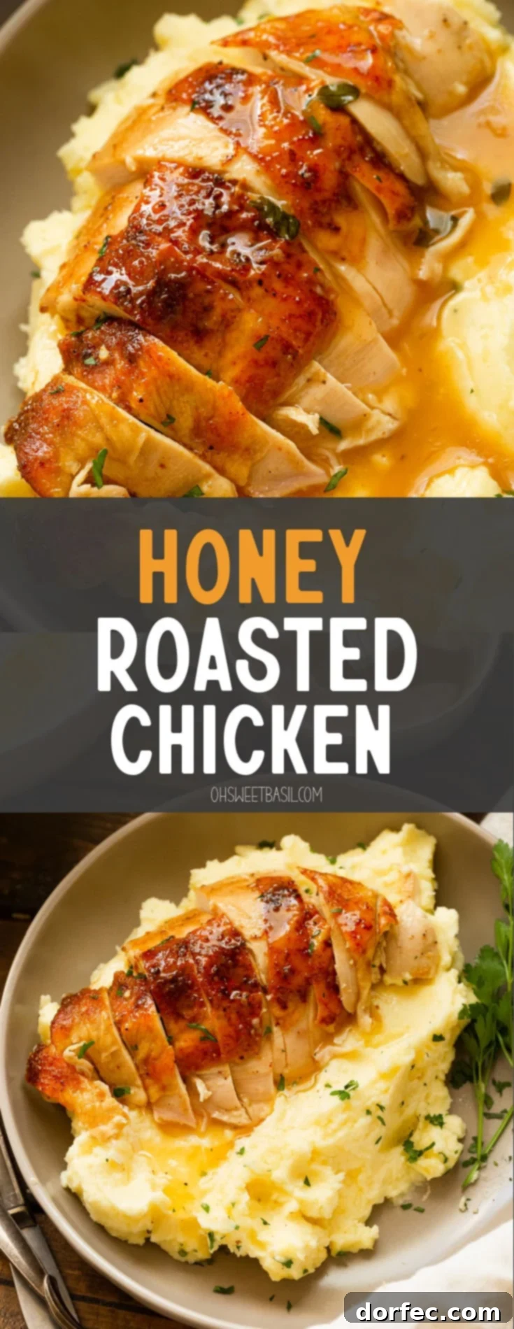 A photo of a serving of creamy mashed potatoes topped with gravy and golden roasted chicken breast that has been sliced.